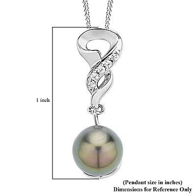 Tahitian Cultured Pearl 9-10mm and White Zircon Pendant Necklace 18 Inches in Rhodium Over Sterling Silver 0.10 ctw