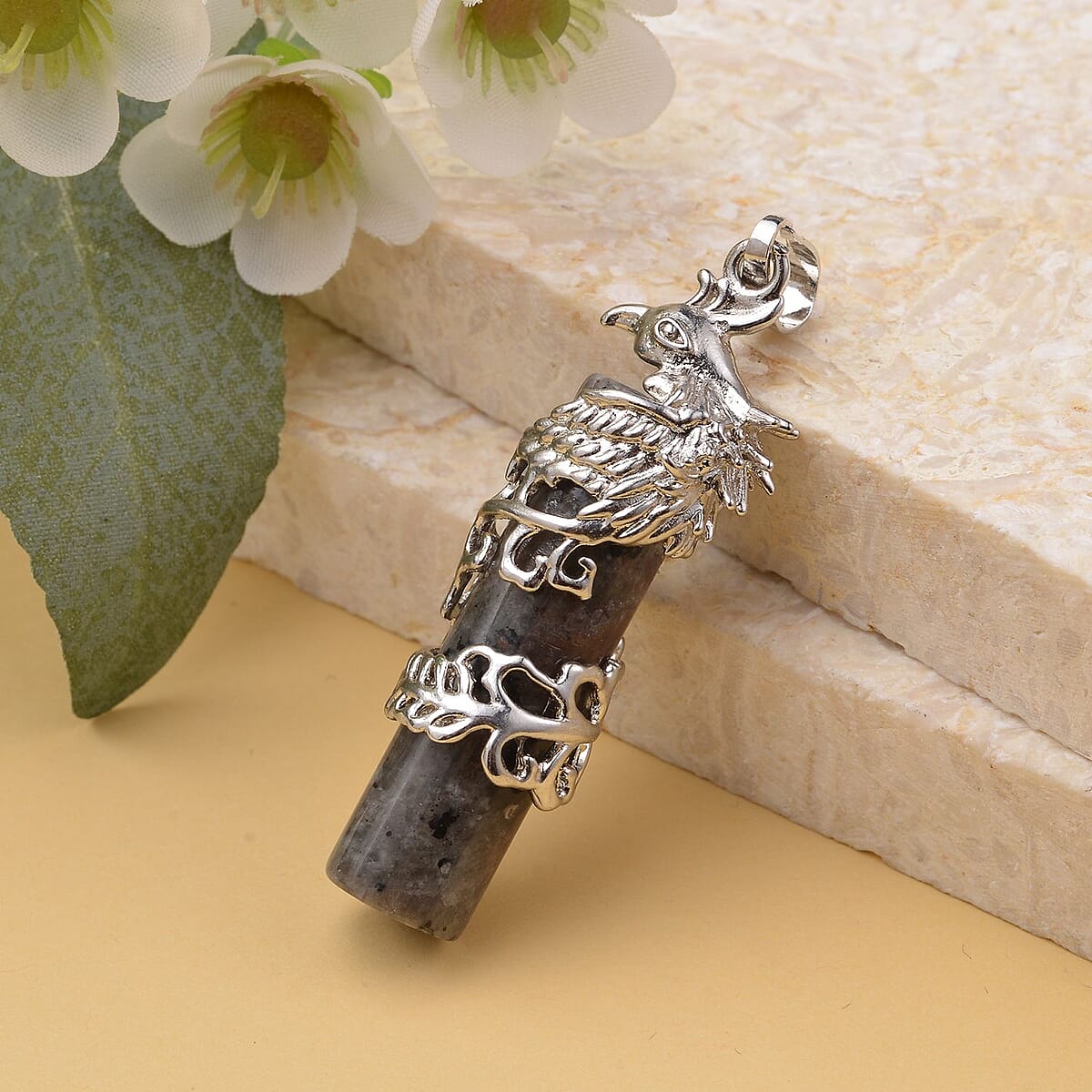 Yooperlite Dragon Phoenix Wrapped Column Pendant Necklace (20 Inches) in Stainless Steel 31.00 ctw , Tarnish-Free, Waterproof, Sweat Proof Jewelry image number 1