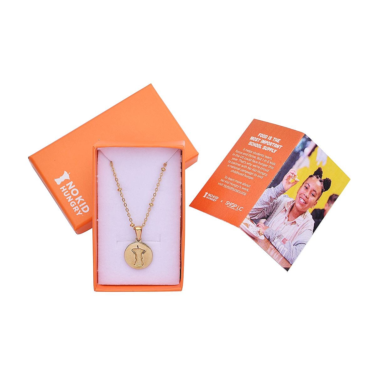 No Kid Hungry Embossed Logo Coin Pendant Necklace (18 inches) in ION Plated YG Stainless Steel , Tarnish-Free, Waterproof, Sweat Proof Jewelry