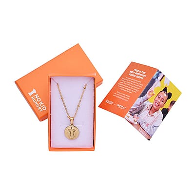 No Kid Hungry Embossed Logo Coin Pendant Necklace (18 Inches) in ION Plated YG Stainless Steel , Tarnish-Free, Waterproof, Sweat Proof Jewelry