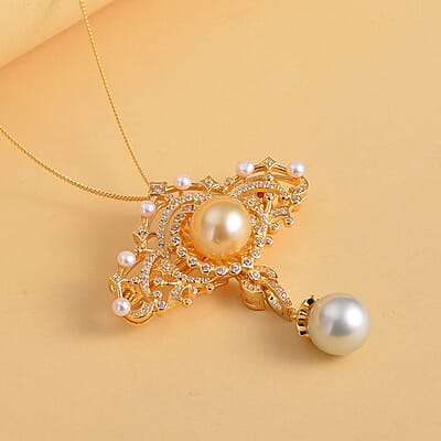 South Sea Golden and White Cultured Pearl, Multi Gemstone Brooch or Pendant Necklace 18 Inches in Vermeil YG Over Sterling Silver 1.50 ctw