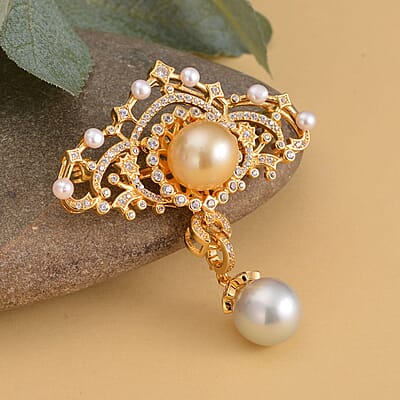 South Sea Golden and White Cultured Pearl, Multi Gemstone Brooch or Pendant Necklace 18 Inches in Vermeil YG Over Sterling Silver 1.50 ctw