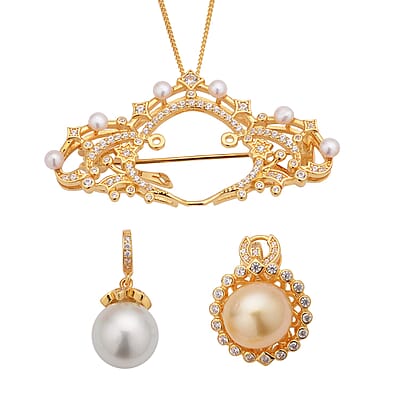 South Sea Golden and White Cultured Pearl, Multi Gemstone Brooch or Pendant Necklace 18 Inches in Vermeil YG Over Sterling Silver 1.50 ctw