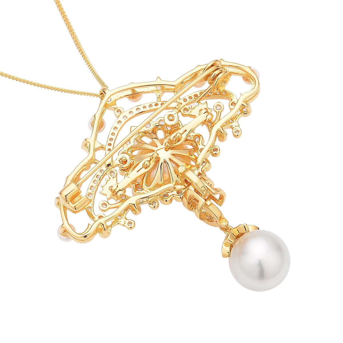 South Sea Golden and White Cultured Pearl, Multi Gemstone Brooch or Pendant Necklace 18 Inches in Vermeil YG Over Sterling Silver 1.50 ctw