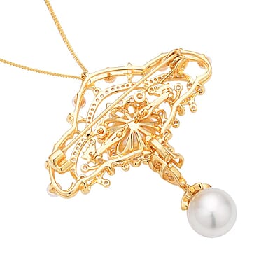 South Sea Golden and White Cultured Pearl, Multi Gemstone Brooch or Pendant Necklace 18 Inches in Vermeil YG Over Sterling Silver 1.50 ctw