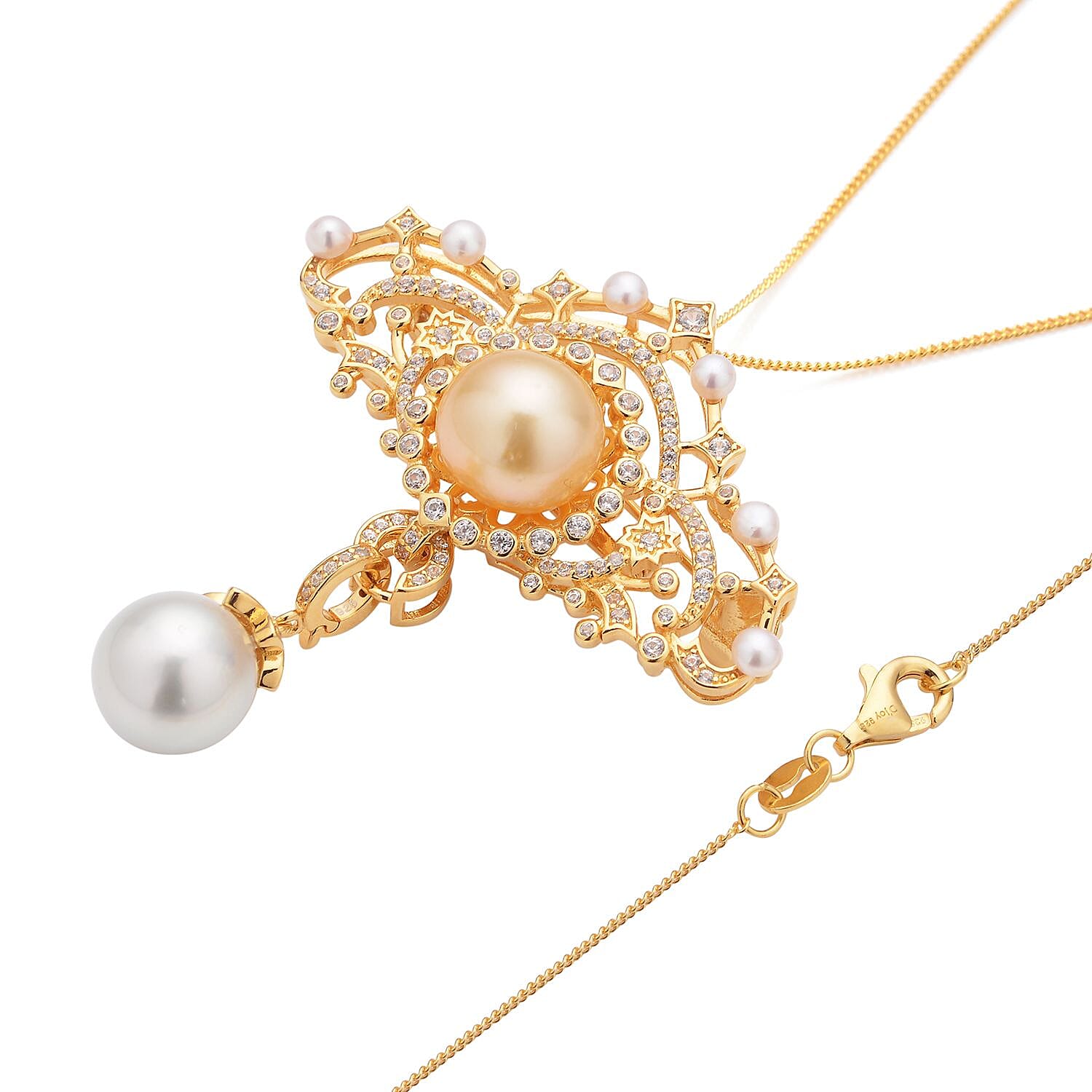 South Sea Golden and White Cultured Pearl, Multi Gemstone Brooch or Pendant Necklace 18 Inches in Vermeil YG Over Sterling Silver 1.50 ctw