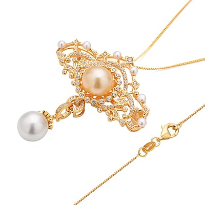 South Sea Golden and White Cultured Pearl, Multi Gemstone Brooch or Pendant Necklace 18 Inches in Vermeil YG Over Sterling Silver 1.50 ctw