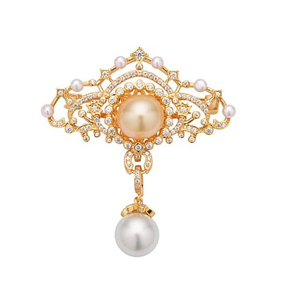 South Sea Golden and White Cultured Pearl, Multi Gemstone Brooch or Pendant Necklace 18 Inches in Vermeil YG Over Sterling Silver 1.50 ctw