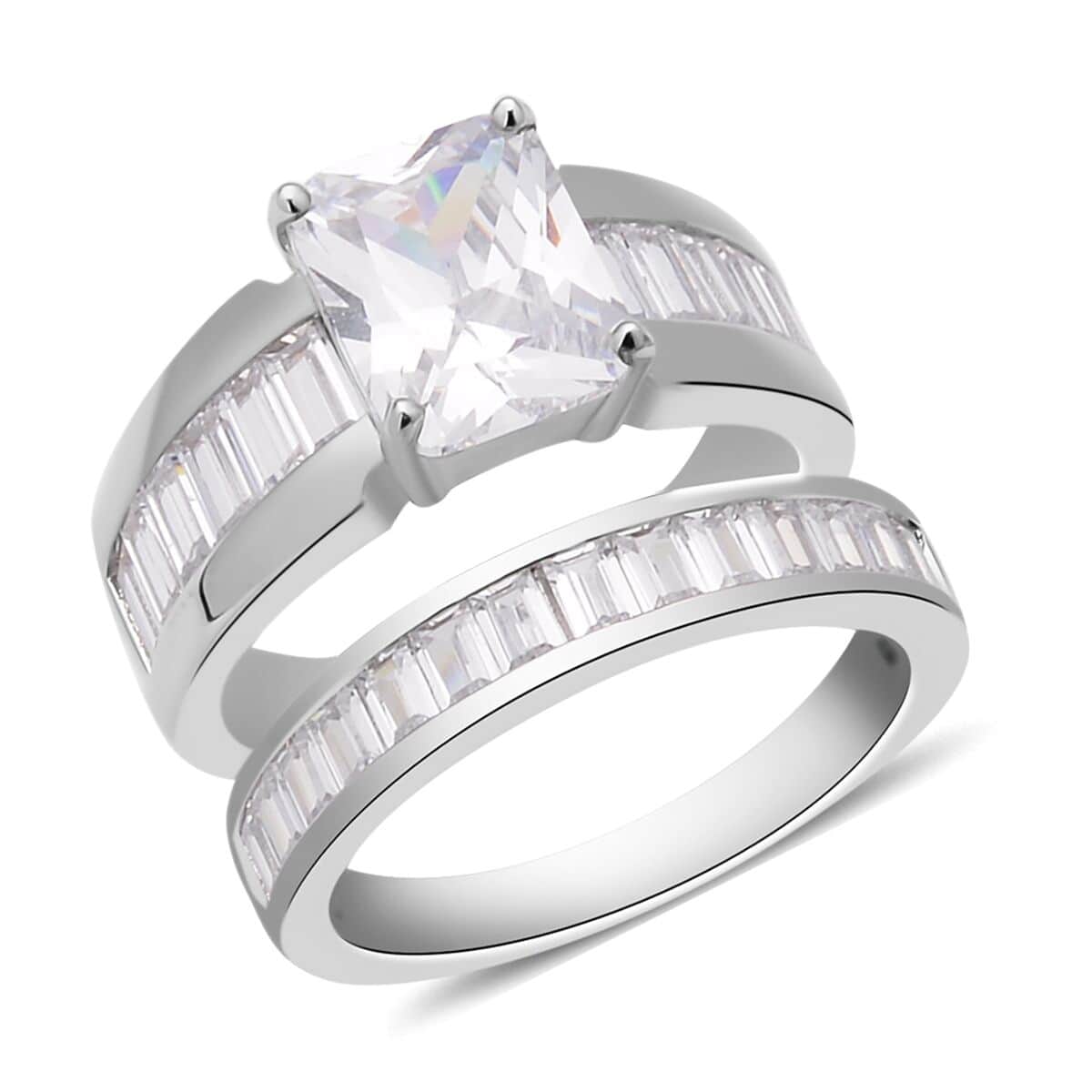 Set of 2 Simulated Diamond Emerald Cut and Half Eternity Stackable Ring in Silvertone 8.10 ctw image number 0