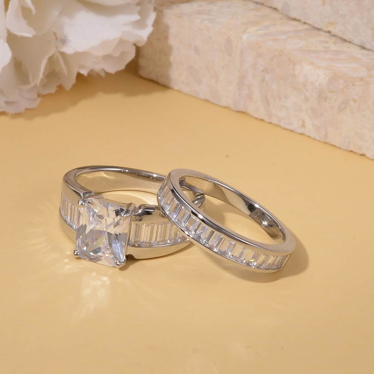 Set of 2 Simulated Diamond Emerald Cut and Half Eternity Stackable Ring in Silvertone 8.10 ctw image number 1