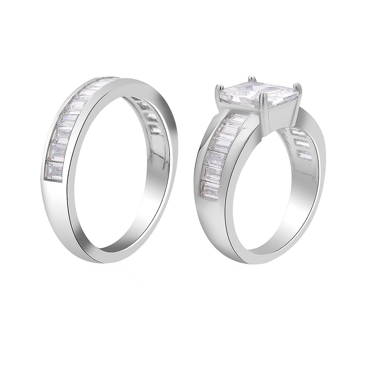Set of 2 Simulated Diamond Emerald Cut and Half Eternity Stackable Ring in Silvertone (Size 5.0) 8.10 ctw