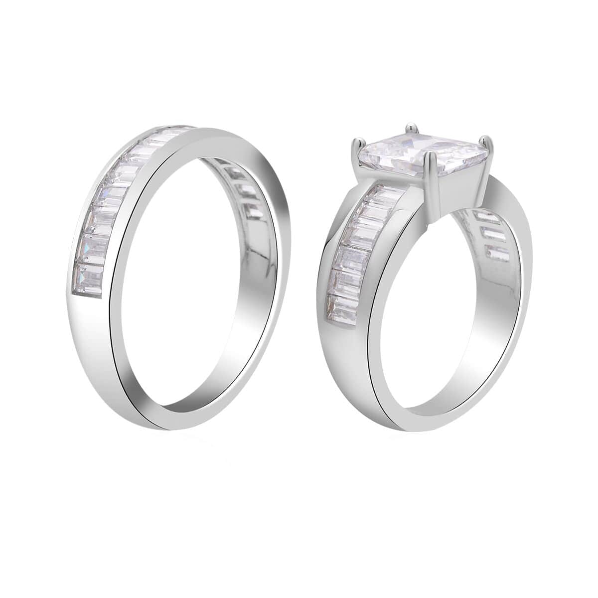 Set of 2 Simulated Diamond Emerald Cut and Half Eternity Stackable Ring in Silvertone 8.10 ctw image number 4