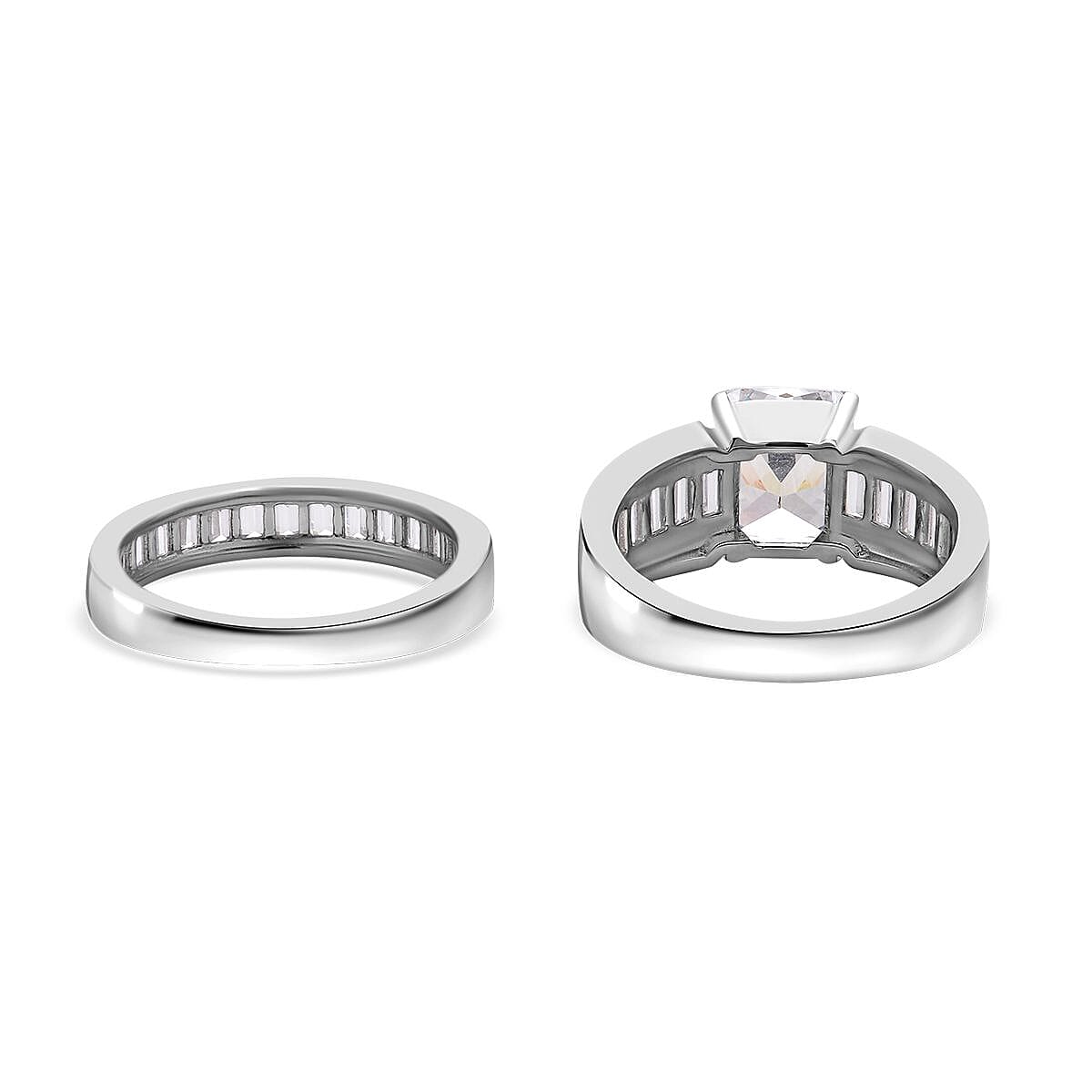 Set of 2 Simulated Diamond Emerald Cut and Half Eternity Stackable Ring in Silvertone (Size 5.0) 8.10 ctw