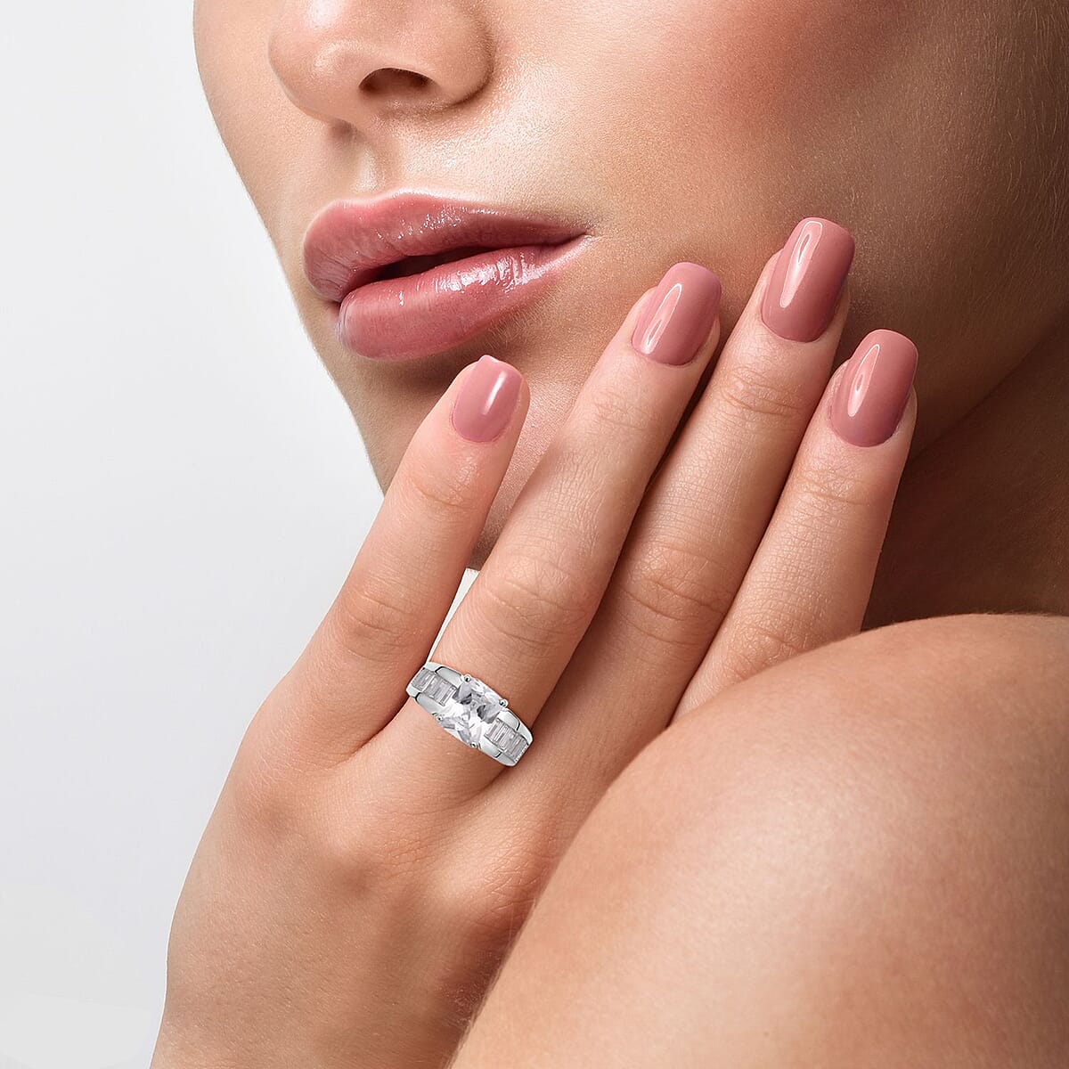 Set of 2 Simulated Diamond Emerald Cut and Half Eternity Stackable Ring in Silvertone (Size 9.0) 8.10 ctw image number 3