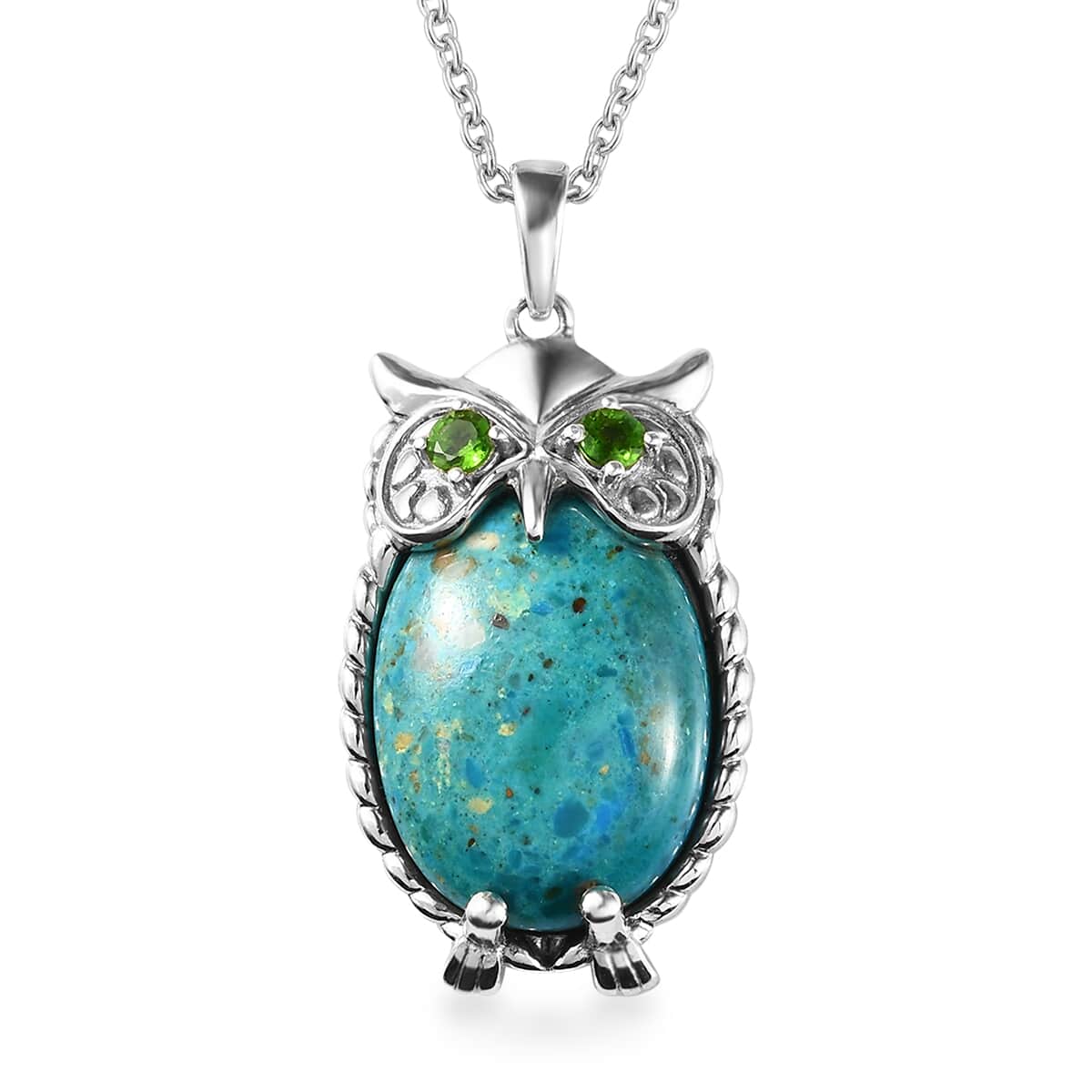 Premium Peruvian Opalina and Chrome Diopside Owl Pendant Necklace 20 Inches in Platinum Over Sterling Silver 13.10 ctw image number 0