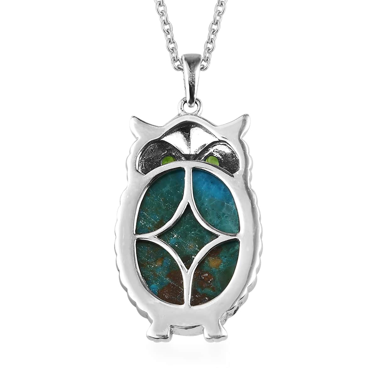 Premium Peruvian Opalina and Chrome Diopside Owl Pendant Necklace 20 Inches in Platinum Over Sterling Silver 13.10 ctw image number 4