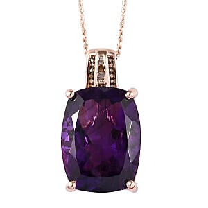 AAA Amethyst and Natural Champagne Diamond Pendant Necklace 20 Inches in Vermeil Rose Gold Over Sterling Silver 19.60 ctw
