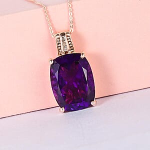AAA Amethyst and Natural Champagne Diamond Pendant Necklace 20 Inches in Vermeil Rose Gold Over Sterling Silver 19.60 ctw