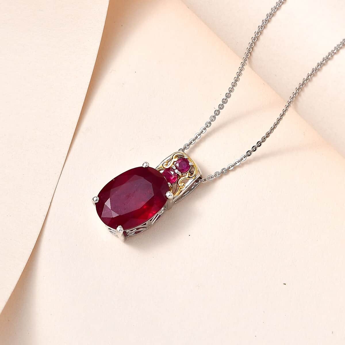 Niassa Ruby Pendant Necklace 20 Inches in Vermeil Yellow Gold and Platinum Over Sterling Silver 9.85 ctw image number 1
