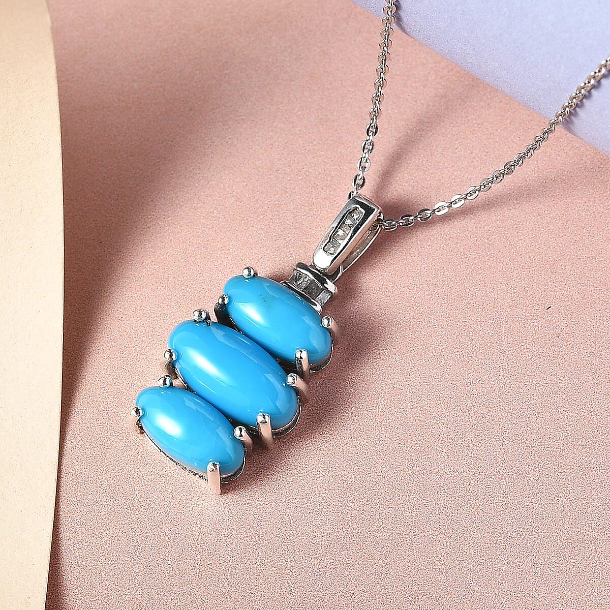 AMERICAN Natural Sleeping Beauty Turquoise and Diamond Pendant Necklace 20 Inches in Platinum Over Sterling Silver 4.90 ctw image number 1