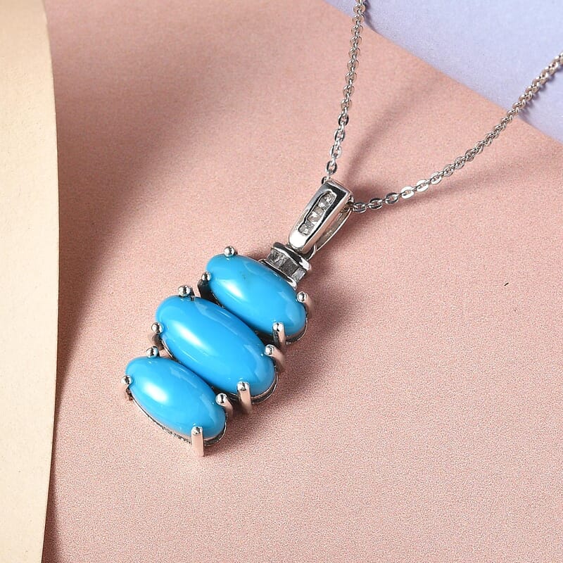 Sleeping Beauty Turquoise and Diamond Pendant Necklace 20 Inches in Platinum Over Sterling Silver 4.90 ctw