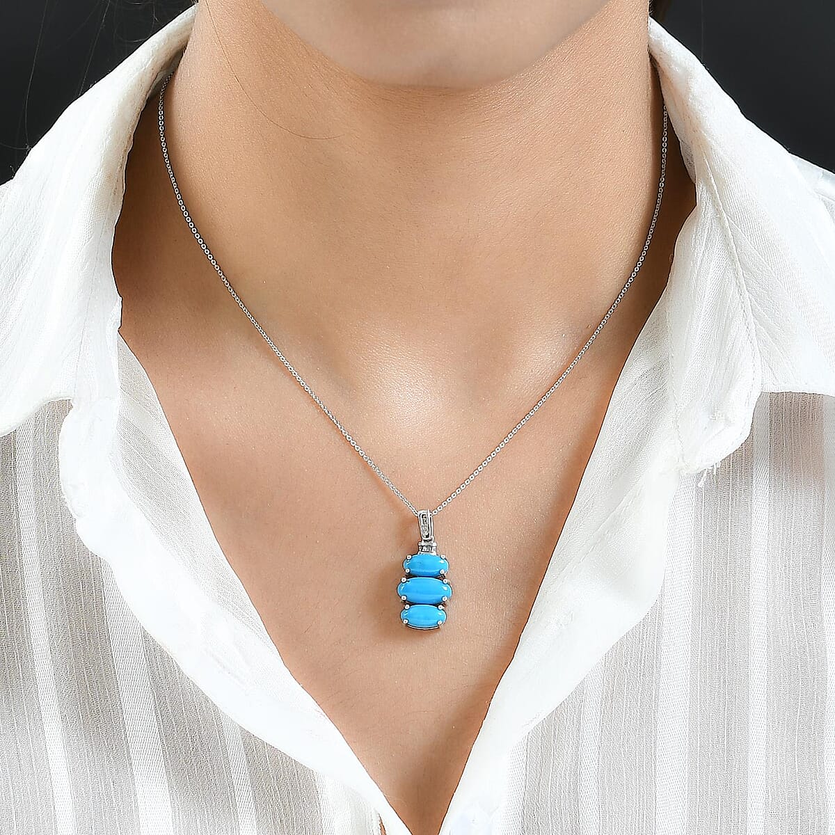 AMERICAN Natural Sleeping Beauty Turquoise and Diamond Pendant Necklace 20 Inches in Platinum Over Sterling Silver 4.90 ctw image number 2