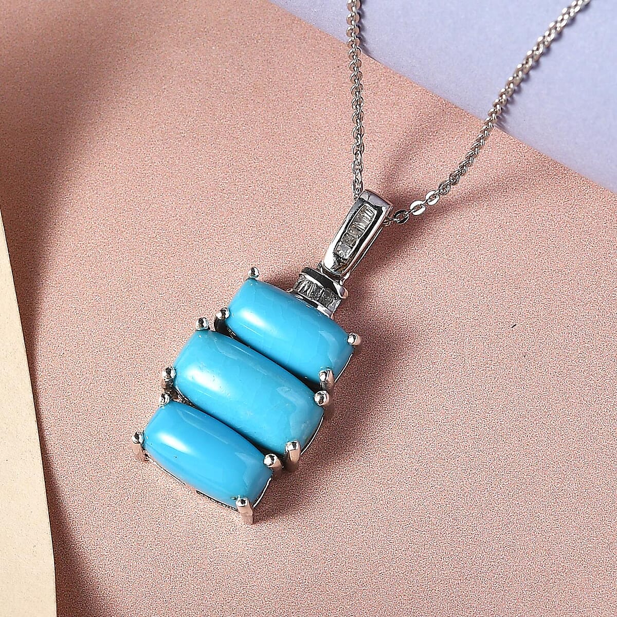Sleeping Beauty Turquoise and Diamond Pendant Necklace 20 Inches in Platinum Over Sterling Silver 5.20 ctw image number 1