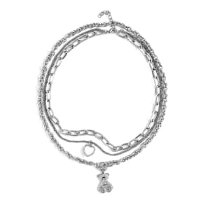 Three Layer Necklace with Heart and Teddy Bear Charm 20.5-22.5 Inches in Silvertone
