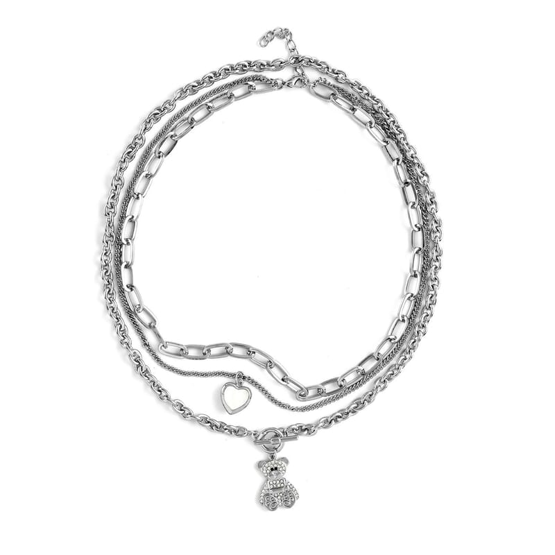 Black and White Austrian Crystal Three Layer Necklace with Heart and Teddy Bear Charm 20.5-22.5 Inches in Silvertone