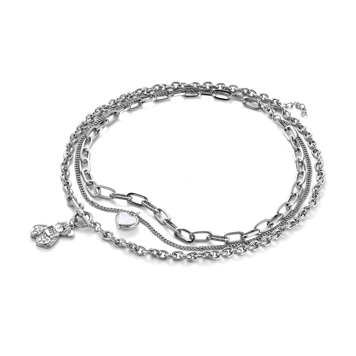 Three Layer Necklace with Heart and Teddy Bear Charm (20.5-22.5 Inches) in Silvertone image number 2
