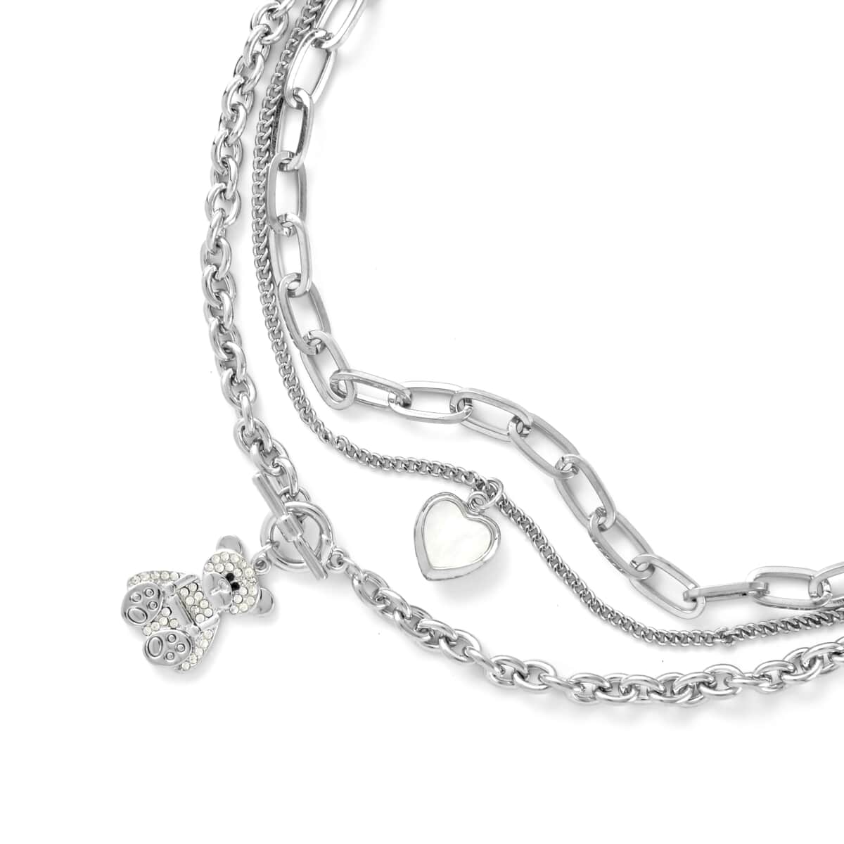 Three Layer Necklace with Heart and Teddy Bear Charm (20.5-22.5 Inches) in Silvertone image number 3