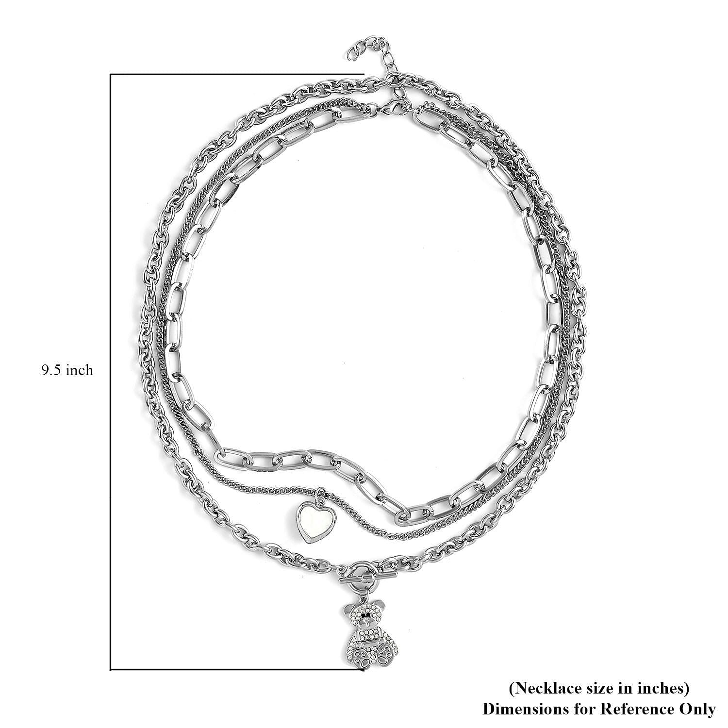 Black and White Austrian Crystal Three Layer Necklace with Heart and Teddy Bear Charm 20.5-22.5 Inches in Silvertone