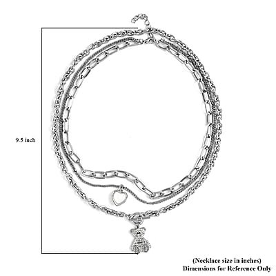 Black and White Austrian Crystal Three Layer Necklace with Heart and Teddy Bear Charm 20.5-22.5 Inches in Silvertone