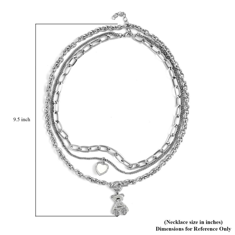 Black and White Austrian Crystal Three Layer Necklace with Heart and Teddy Bear Charm 20.5-22.5 Inches in Silvertone