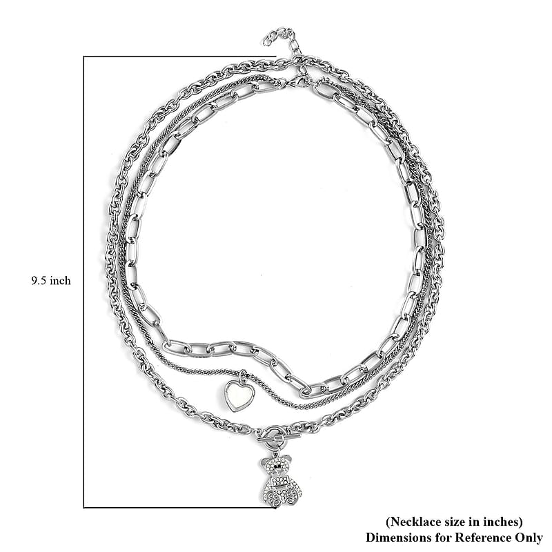 Black and White Austrian Crystal Three Layer Necklace with Heart and Teddy Bear Charm 20.5-22.5 Inches in Silvertone