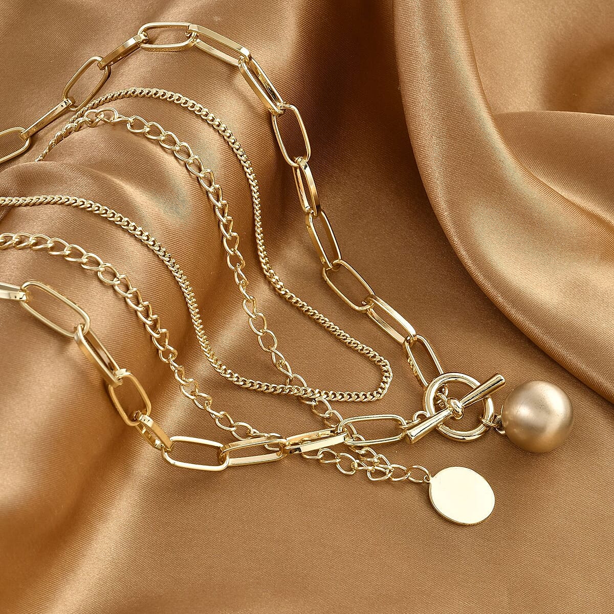 Three Layered Necklace with Coin and Ball Charm 20.5-22.5 Inches in Goldtone image number 1