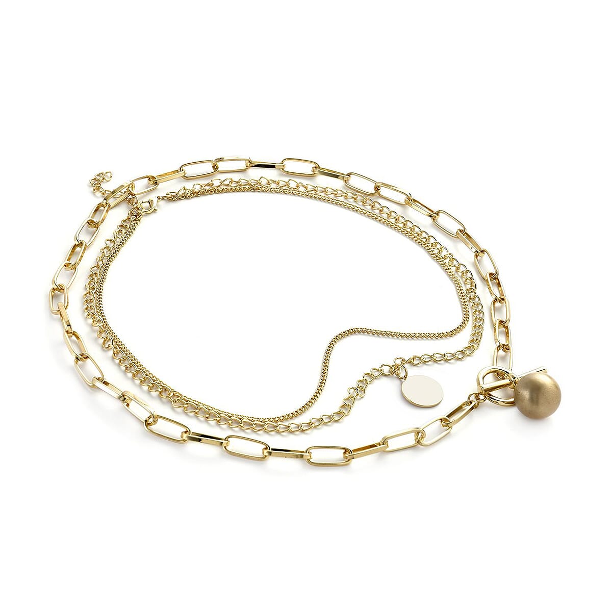 Three Layered Necklace with Coin and Ball Charm 20.5-22.5 Inches in Goldtone image number 2