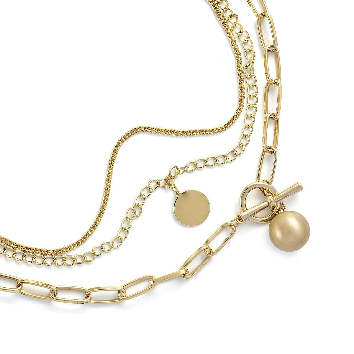 Three Layered Necklace with Coin and Ball Charm 20.5-22.5 Inches in Goldtone image number 3