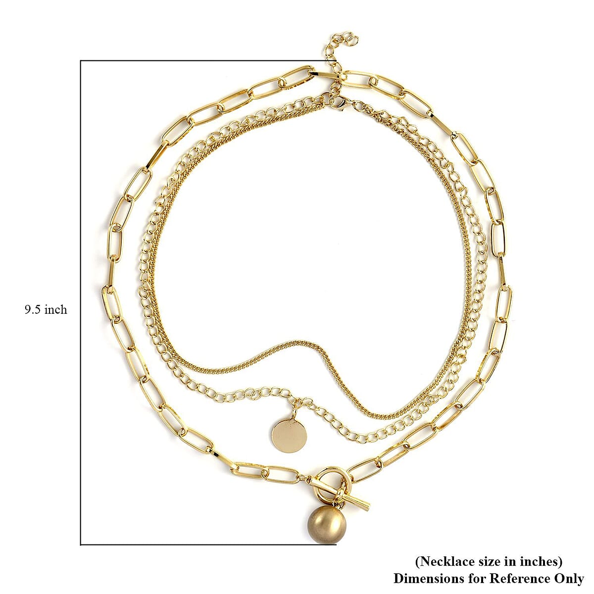 Three Layered Necklace with Coin and Ball Charm 20.5-22.5 Inches in Goldtone image number 4