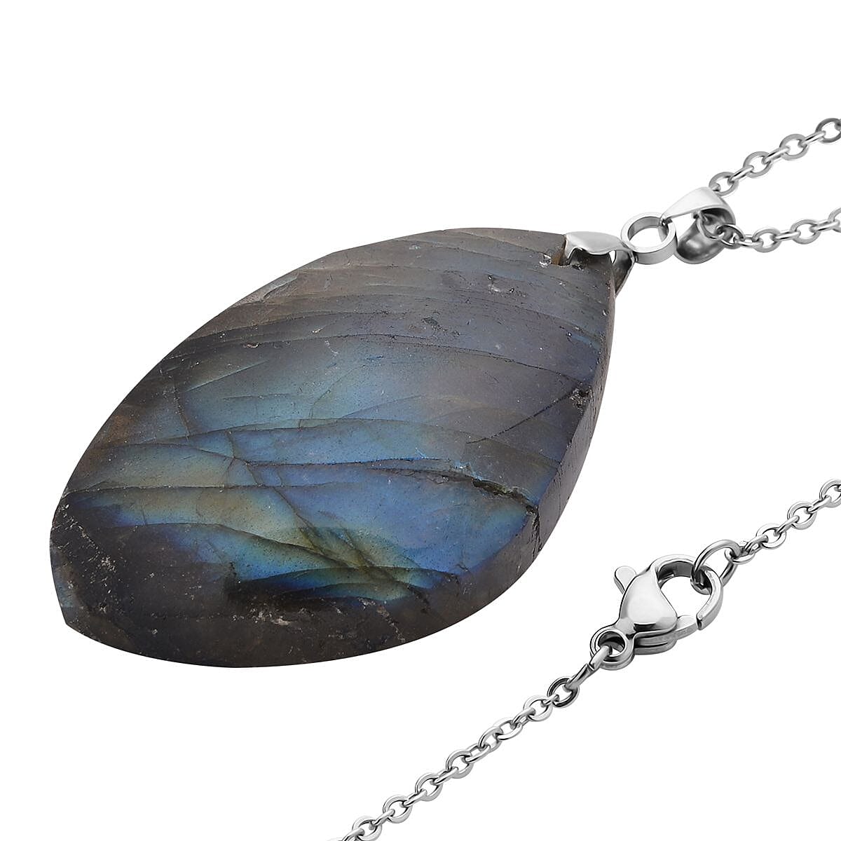 Malagasy Labradorite Pendant Necklace (20 Inches) in Stainless Steel 40.00 ctw | Tarnish-Free, Waterproof, Sweat Proof Jewelry image number 3