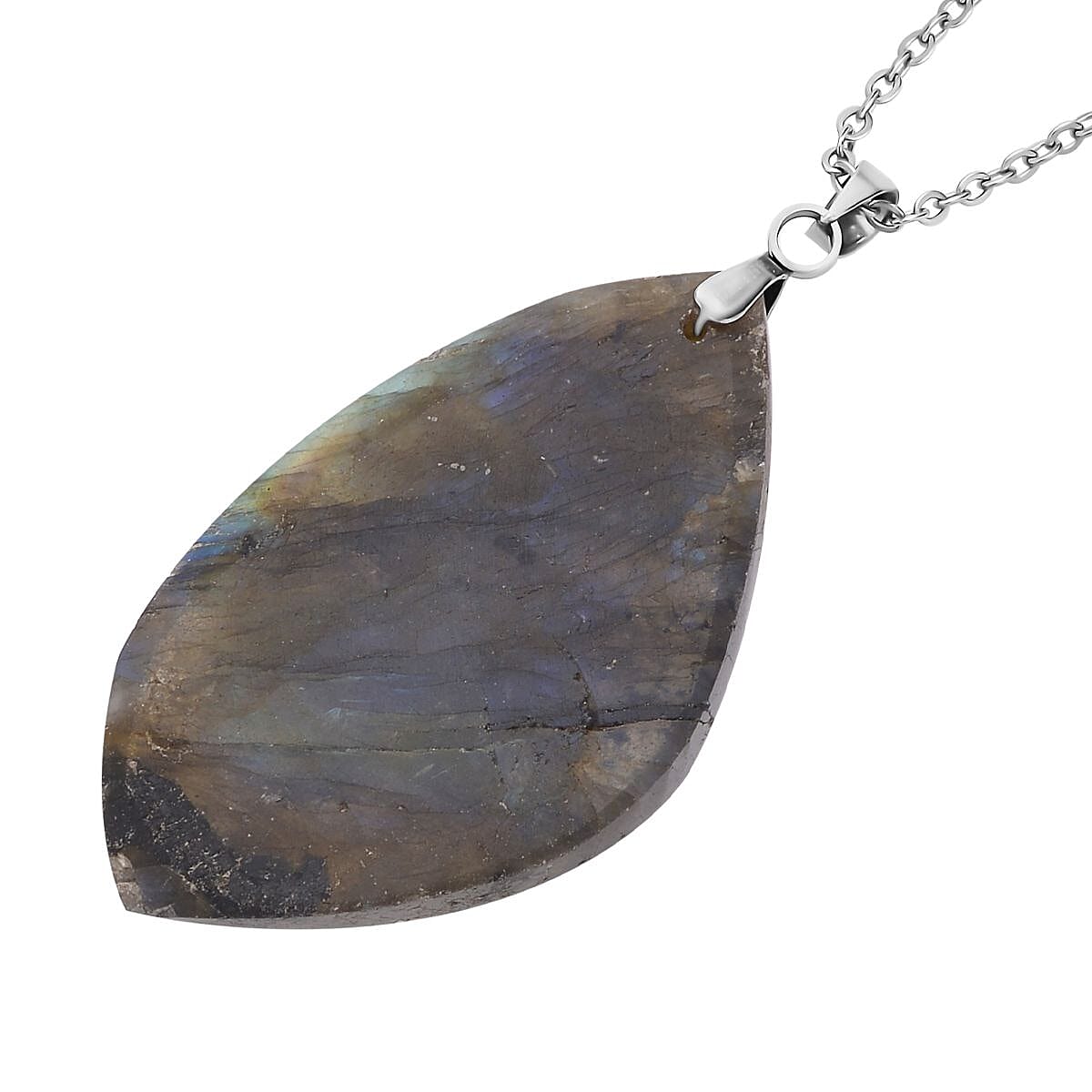 Malagasy Labradorite Pendant Necklace (20 Inches) in Stainless Steel 40.00 ctw | Tarnish-Free, Waterproof, Sweat Proof Jewelry image number 4