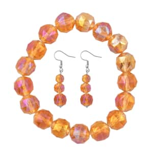Orange Color Glass Beaded Stretch Bracelet and Dangle Earrings in Stainless Steel , Tarnish-Free, Waterproof, Sweat Proof Jewelry