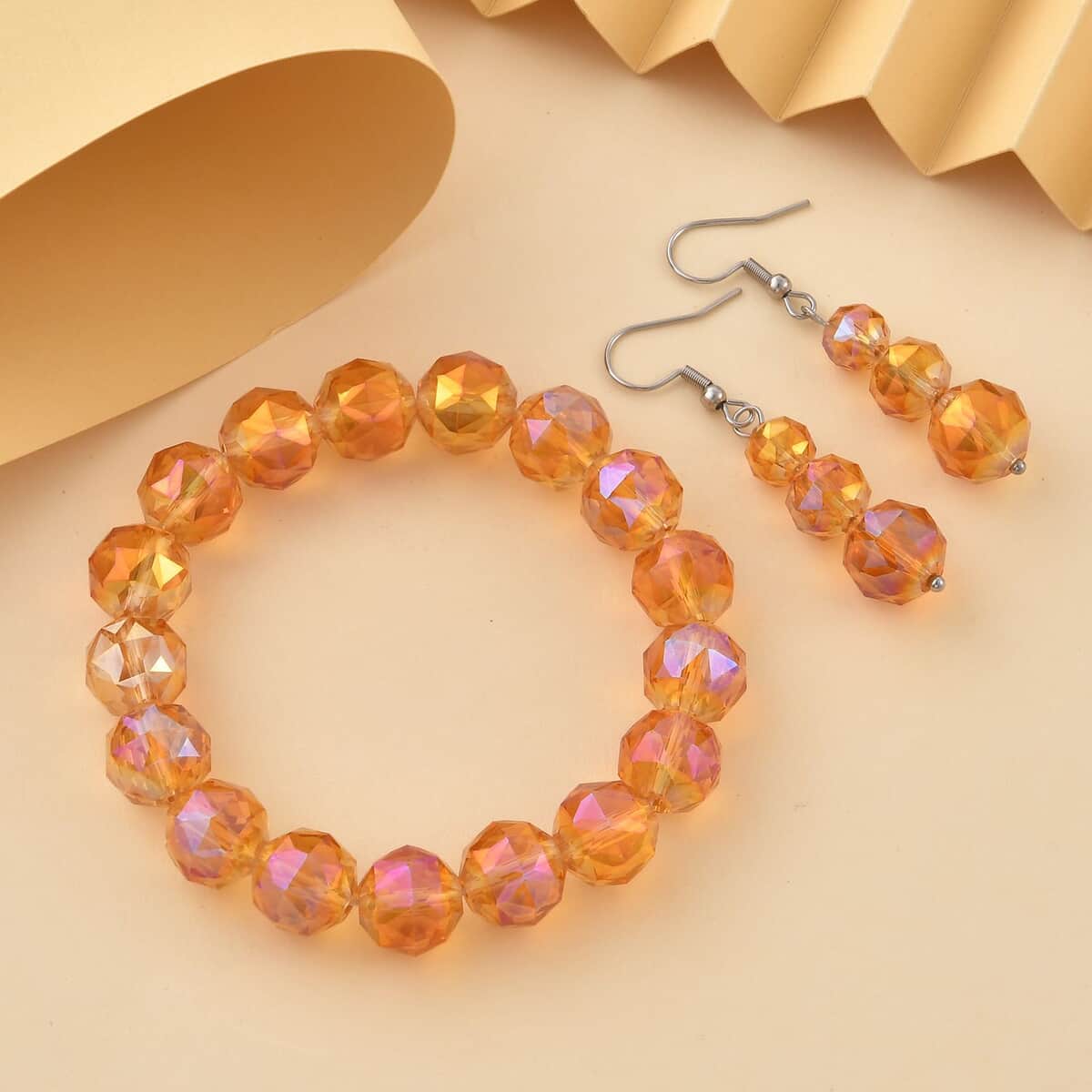 Orange Color Glass Beaded Stretch Bracelet and Dangle Earrings in Stainless Steel , Tarnish-Free, Waterproof, Sweat Proof Jewelry image number 1
