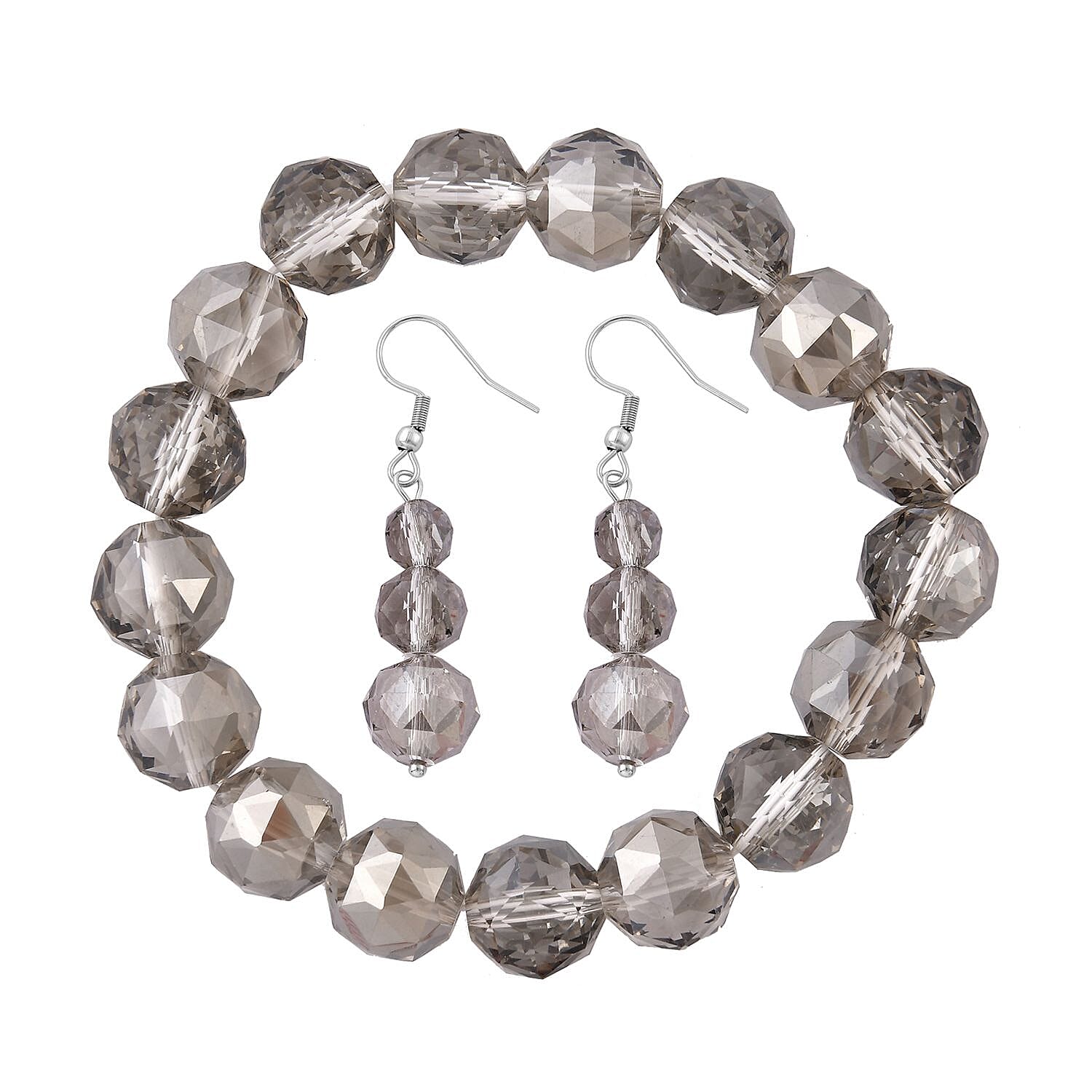 Gray Pearl Glass Beaded Stretch Bracelet and Dangle Earrings in Stainless Steel , Tarnish-Free, Waterproof, Sweat Proof Jewelry
