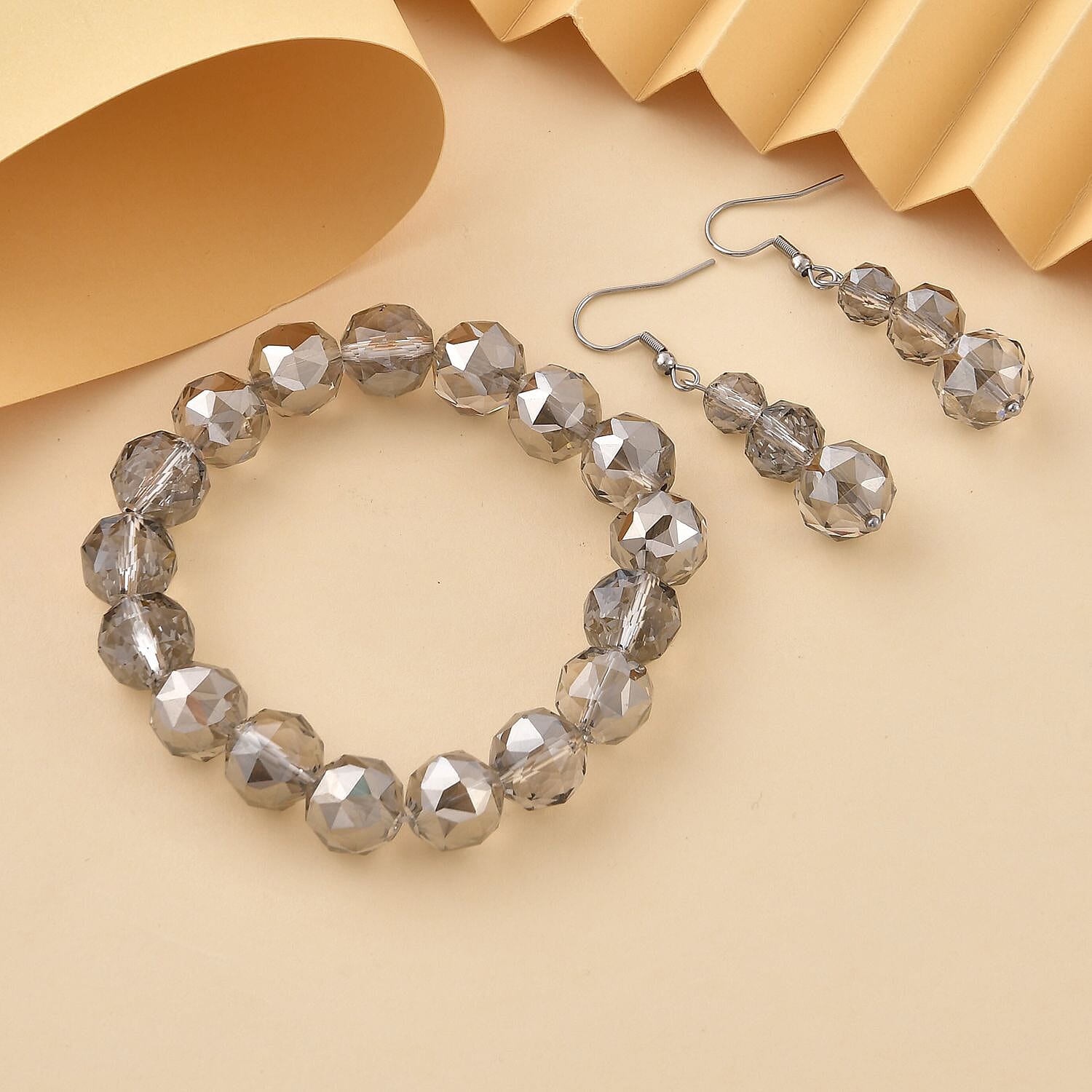 Gray Pearl Glass Beaded Stretch Bracelet and Dangle Earrings in Stainless Steel , Tarnish-Free, Waterproof, Sweat Proof Jewelry