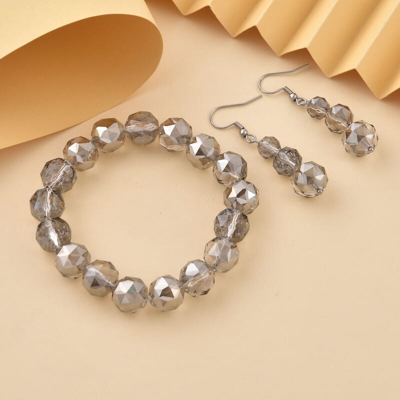 Gray Pearl Glass Beaded Stretch Bracelet and Dangle Earrings in Stainless Steel , Tarnish-Free, Waterproof, Sweat Proof Jewelry