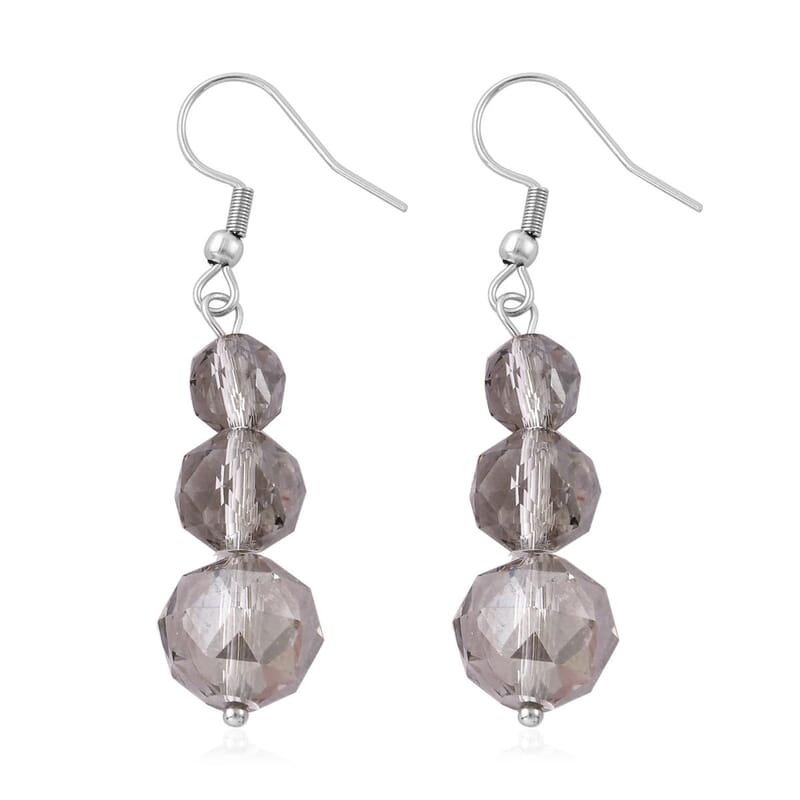Gray Pearl Glass Beaded Stretch Bracelet and Dangle Earrings in Stainless Steel , Tarnish-Free, Waterproof, Sweat Proof Jewelry