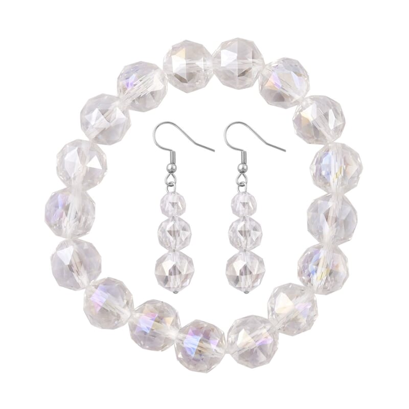 White Mystic Color Glass Beaded Stretch Bracelet and Dangle Earrings in Stainless Steel , Tarnish-Free, Waterproof, Sweat Proof Jewelry