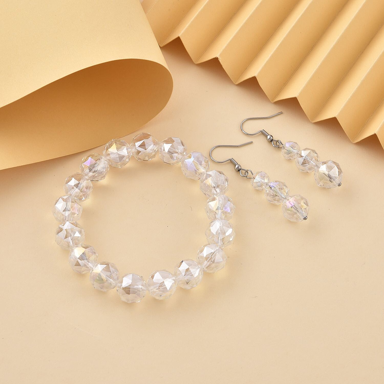 White Mystic Color Glass Beaded Stretch Bracelet and Dangle Earrings in Stainless Steel , Tarnish-Free, Waterproof, Sweat Proof Jewelry
