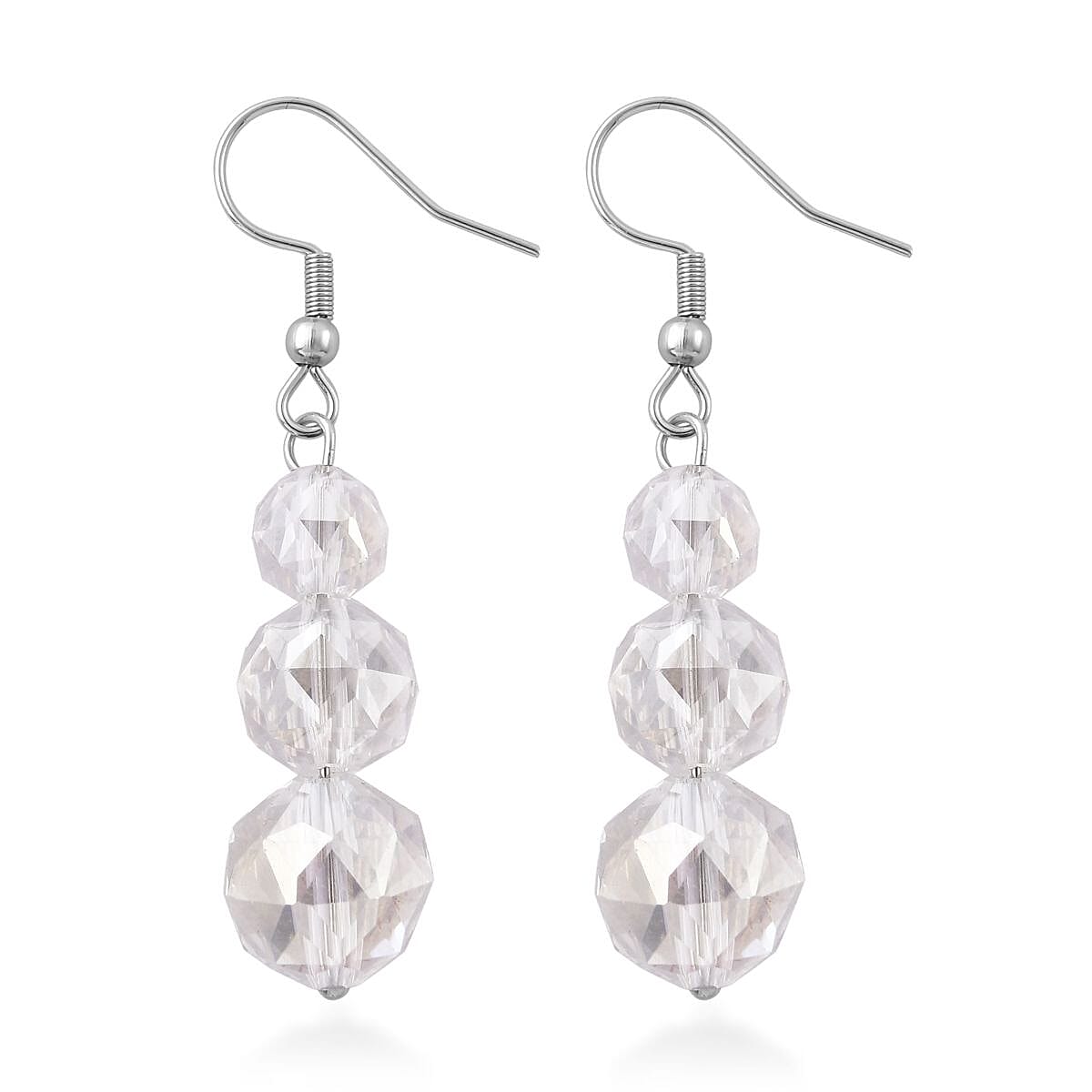 White Mystic Color Glass Beaded Stretch Bracelet and Dangle Earrings in Stainless Steel , Tarnish-Free, Waterproof, Sweat Proof Jewelry